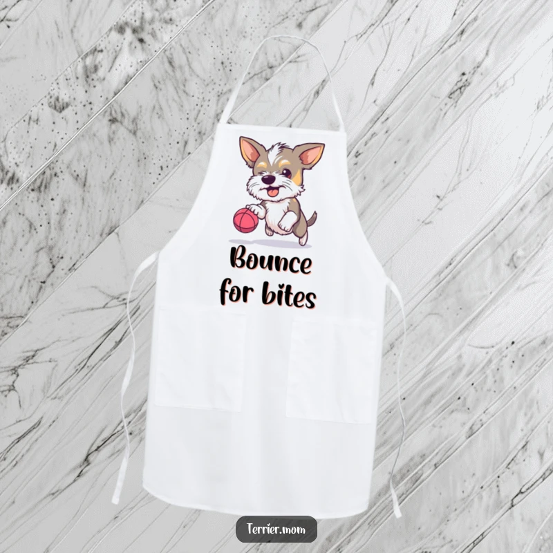 Funny Terrier apron, determined dog, bouncing ball, focused pet, humorous kitchen wear, chef accessory, excellent funny gift.