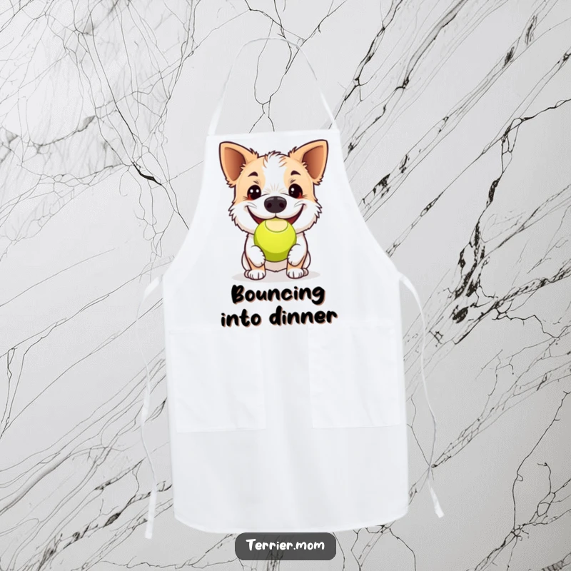 Funny terrier apron, a dog joyfully bouncing a tennis ball with its nose, ready to cook up some fun with a big smile.