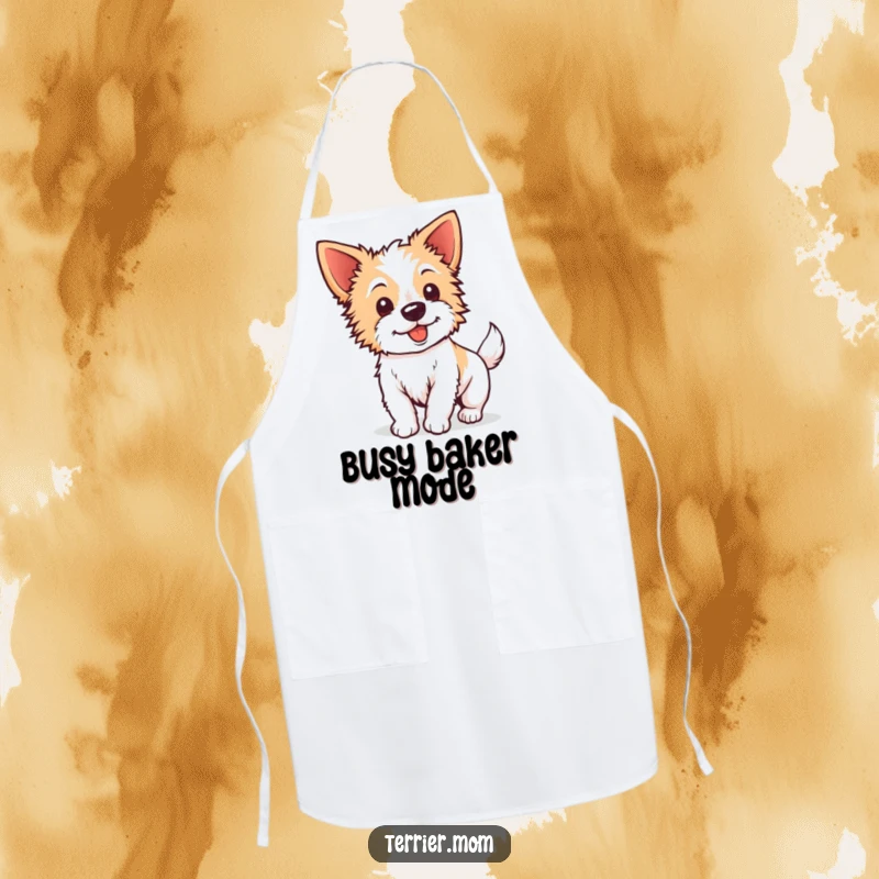 Funny Kawaii Terrier Apron: Features an energetic dog with perky ears wagging its tail, ready for kitchen fun and flair.