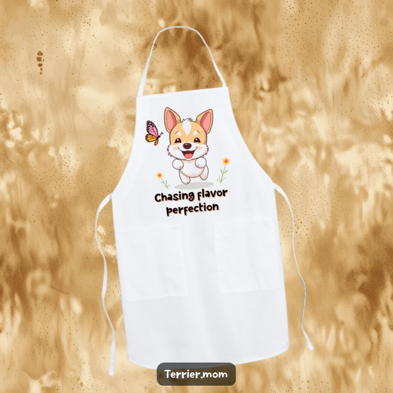 Funny terrier apron, a dog excitedly chasing a butterfly with a happy expression, ideal for cooking and as a funny gift.