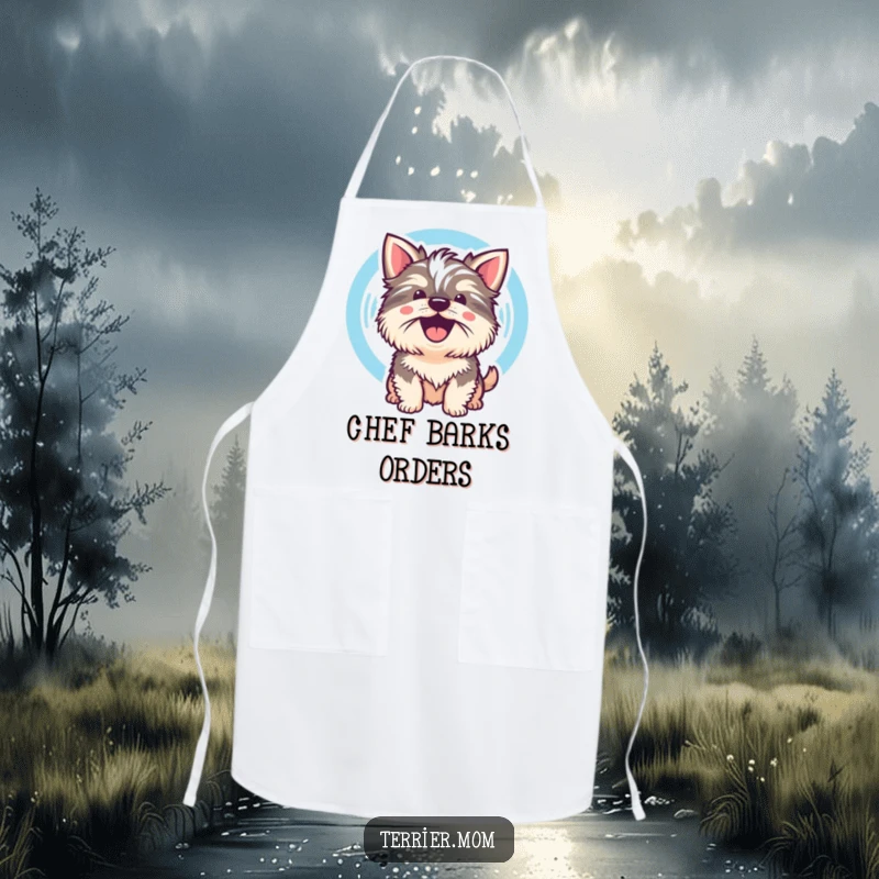 Funny Kawaii Terrier Dog Apron showcasing a cute dog whose cheerful bark is visualized as a sound wave, kitchen sound and fun.