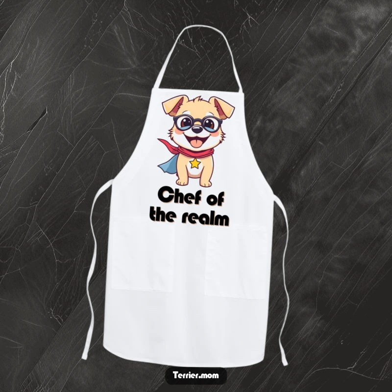 Funny Apron with a smiling terrier wearing a superhero cape, ready to tackle any recipe with flair.