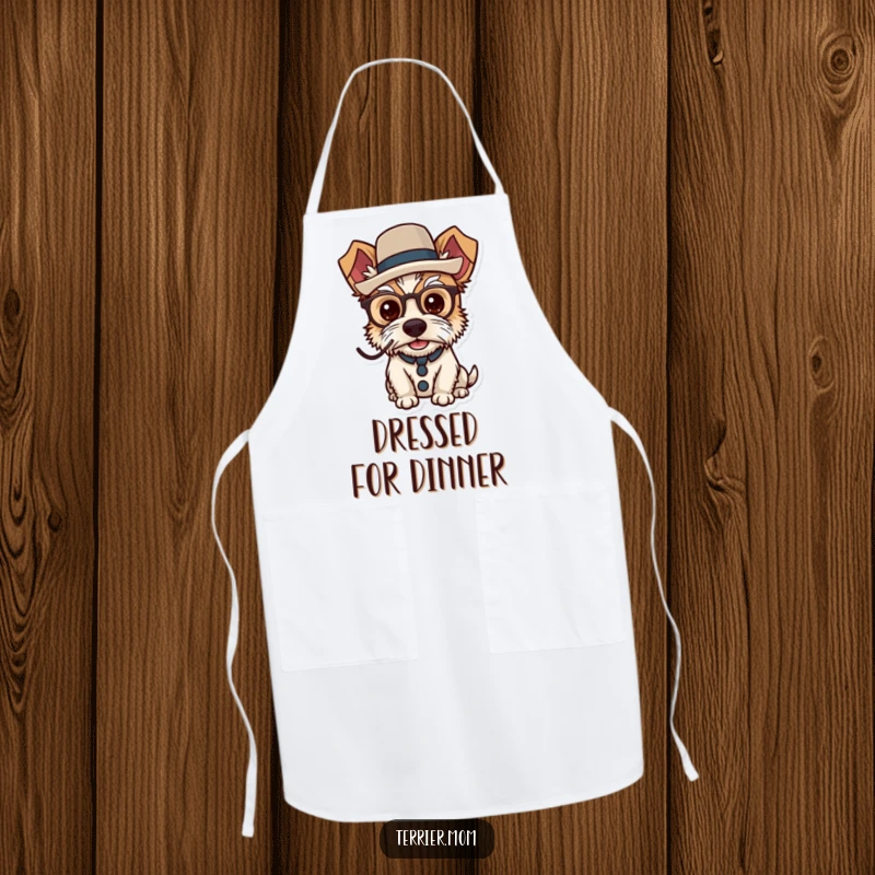 Funny dapper terrier apron featuring a dog in a monocle and top hat in the kitchen.