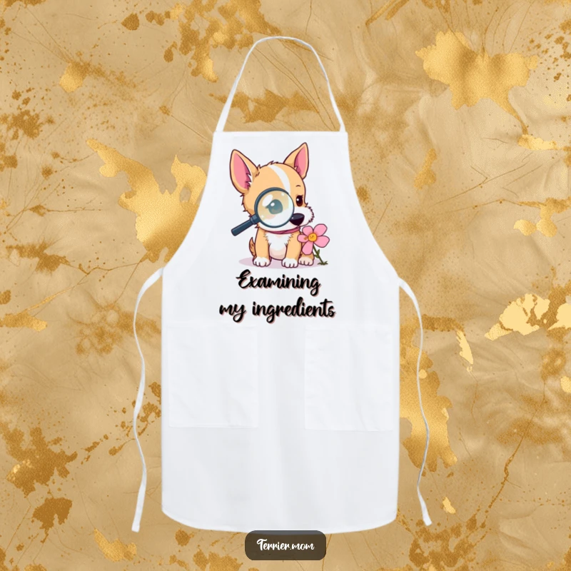 Funny terrier apron with a dog using a magnifying glass to examine a flower, perfect for gardening or cooking with a humorous, investigative twist.