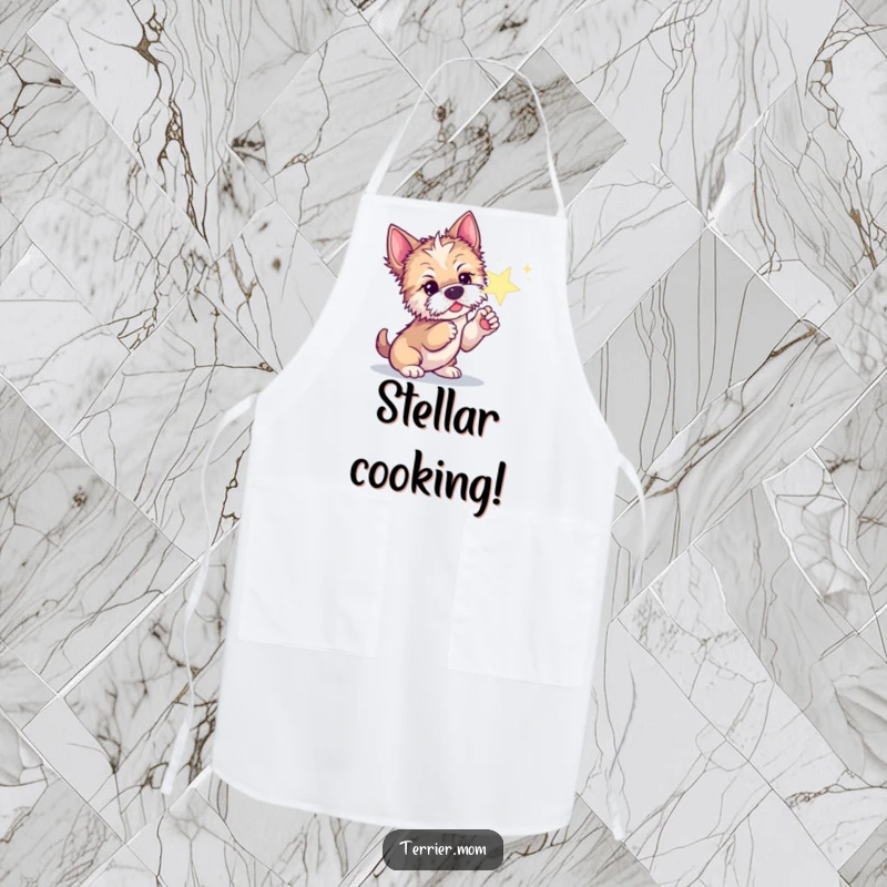 Funny apron featuring a curious Terrier dog poking a sparkling star with its paw in a whimsical way.