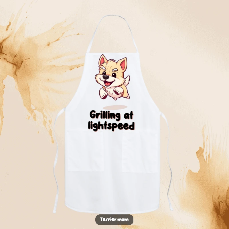 Funny Apron depicting an energetic Terrier dog sprinting with a determined, happy grin, adding humor to kitchen tasks.