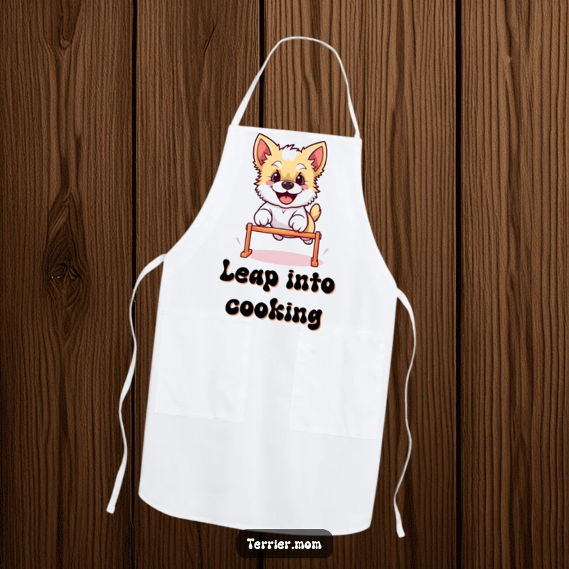 Funny Kawaii Terrier dog apron, showing the cheerful canine leaping over a hurdle, ready for kitchen fun and culinary triumphs.