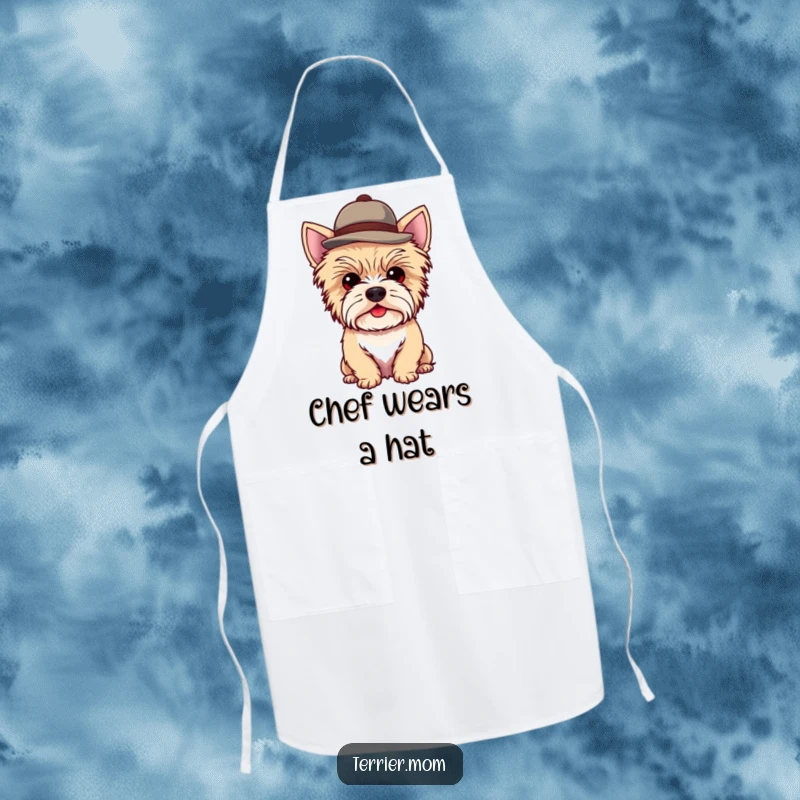 Funny Kawaii Terrier Dog Apron showcasing a cute dog wearing a small, jaunty hat, kitchen style.