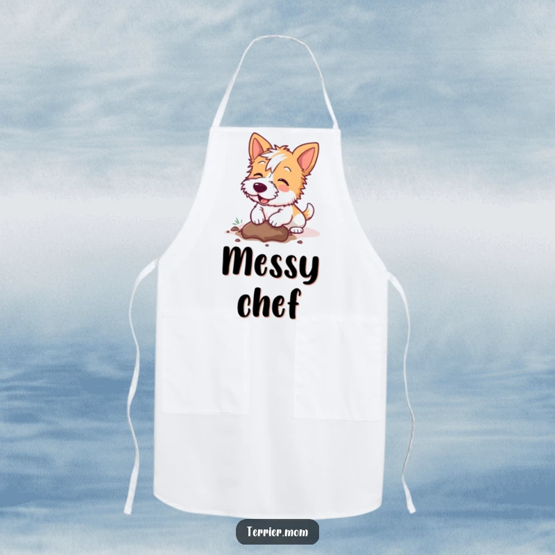 Funny Kawaii Terrier dog apron, practical and amusing, featuring a dog happily digging a hole, ideal for kitchen activities.