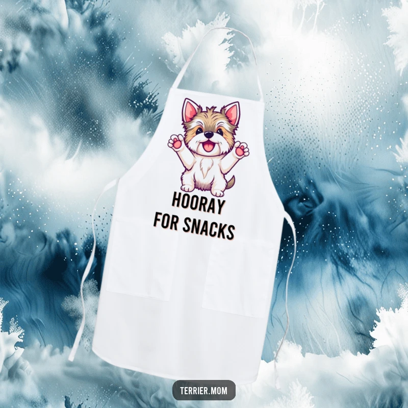 Funny Kawaii Terrier dog apron, depicting the happy character with paws raised in a big hooray, ready for culinary celebrations.