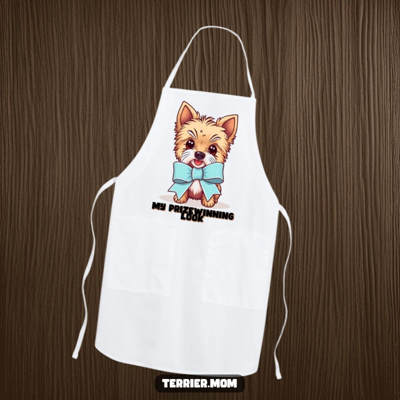 Funny Kawaii Terrier dog apron, depicting the happy character with a comically large celebration ribbon, ready for kitchen triumphs.