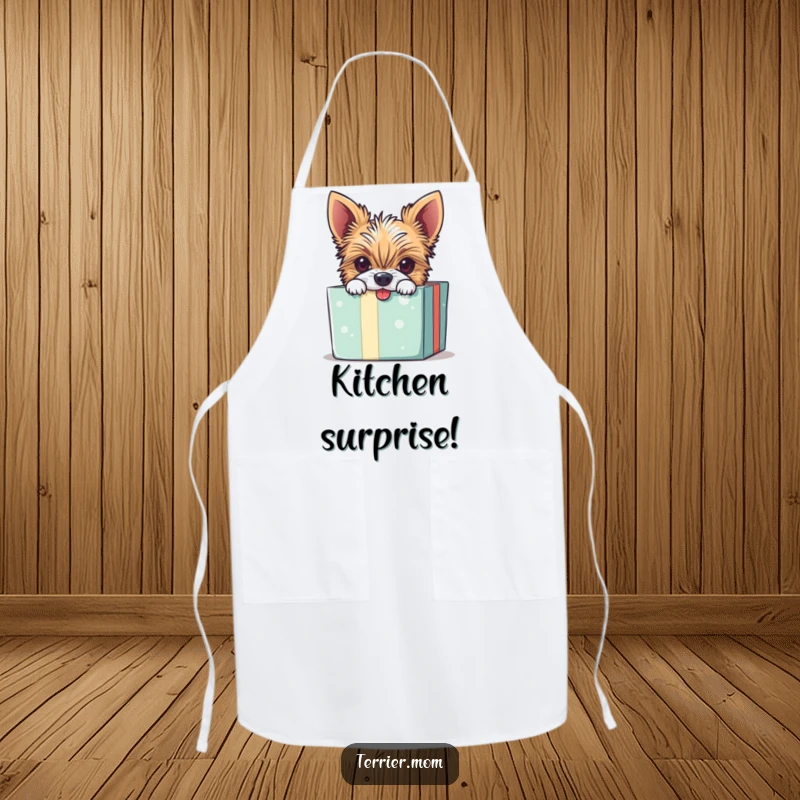 Funny apron featuring a mischievous Terrier dog peeking out of a gift box with a curious expression.