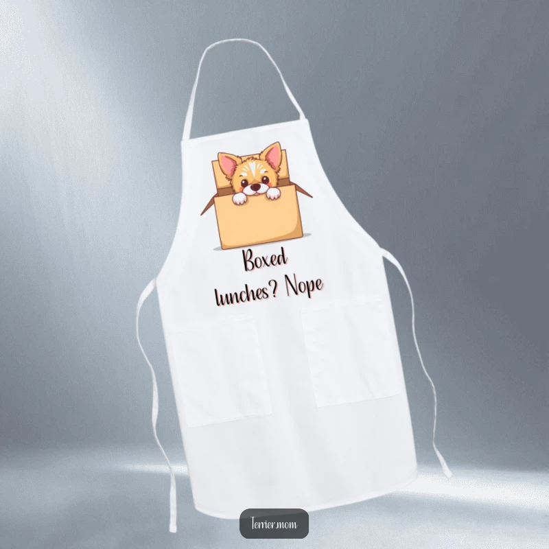 Funny apron showing a curious terrier peeking out from an empty cardboard box, ready for kitchen fun.