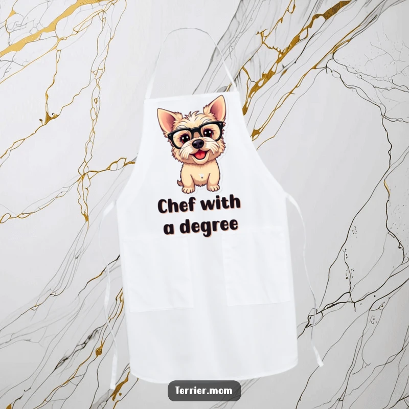 Funny Apron showing a playful Terrier dog wearing funny glasses and tilting its head, adding a humorous and intelligent touch to cooking.