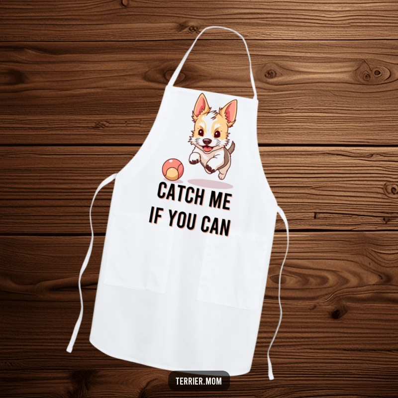 Funny apron showing a kawaii terrier with perky ears excitedly chasing a bouncing ball, perfect for adding fun to cooking.