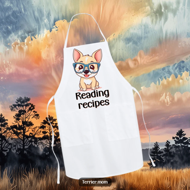 Funny terrier with a playful smile wearing oversized reading glasses, on a practical kitchen apron.