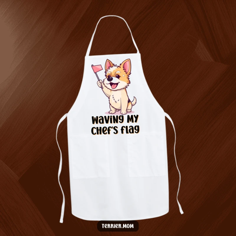 Funny apron adorned with an excited Terrier dog enthusiastically waving a small flag, adding a joyful touch to cooking and baking.
