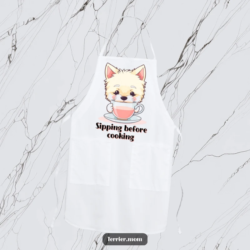 Funny apron showcasing a calm Terrier dog delicately sipping from a tiny teacup, perfect for adding a touch of refined humor to cooking.