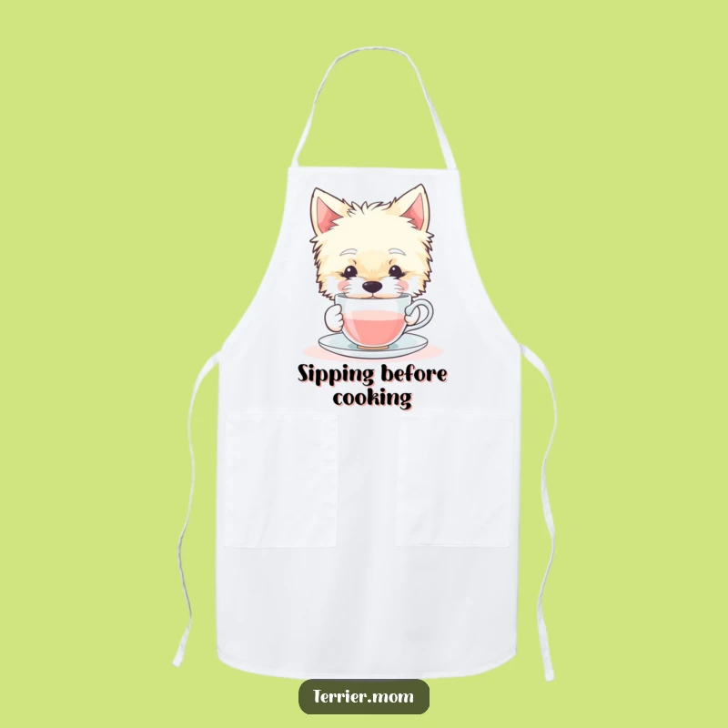Funny Terrier Dog Apron: Contented Sips Tiny Teacup Kitchen Gift