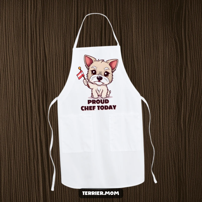 Funny Terrier apron, proud dog, flag waving, patriotic pet, humorous kitchen wear, chef accessory, excellent funny gift.