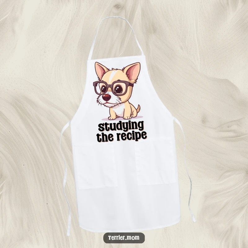 Funny terrier apron, a dog wearing large glasses, observing ingredients with keen, humorous curiosity while cooking up a storm.