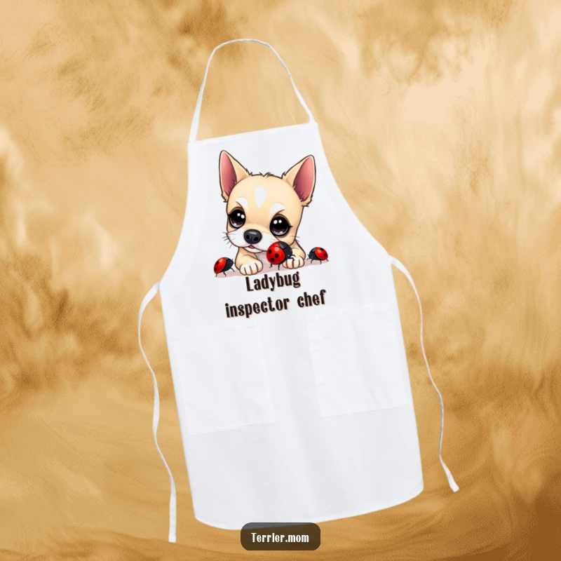 Funny Terrier Apron: A cute dog wearing an apron, curiously examining a shiny ladybug, making kitchen tasks more humorous.