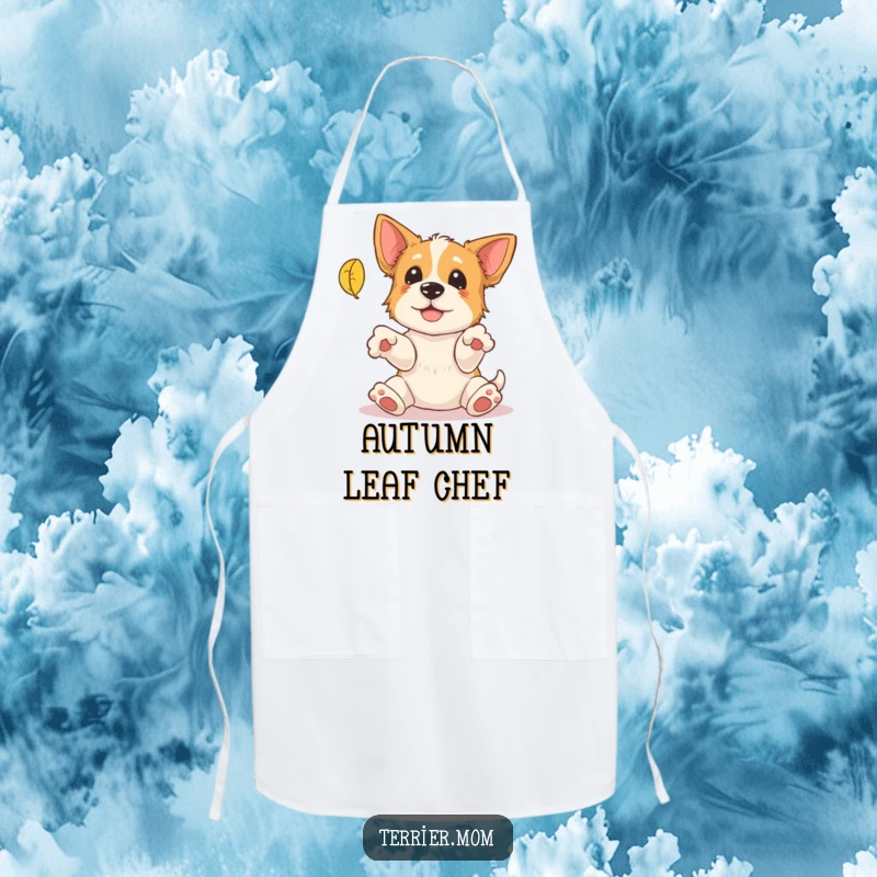 Funny Terrier Apron: A cute dog wearing an apron comically attempts to catch a falling leaf, adding humor to kitchen tasks.