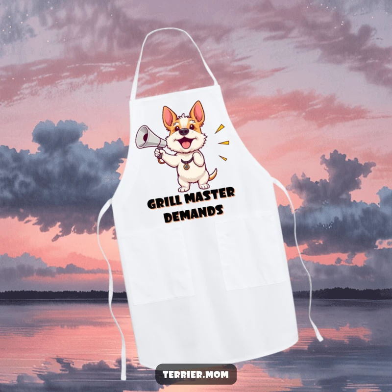 Funny kitchen apron depicting an enthusiastic terrier waving a miniature shiny megaphone, perfect for inspiring cooks and chefs.
