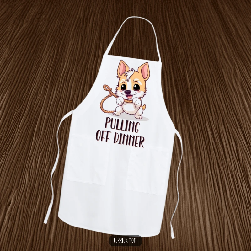 Funny tug-of-war terrier apron featuring a determined dog pulling on a rope while cooking.