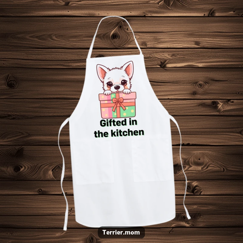 Funny Apron with a kawaii terrier peeking from a colorful gift box, perfect for the adorable chef.