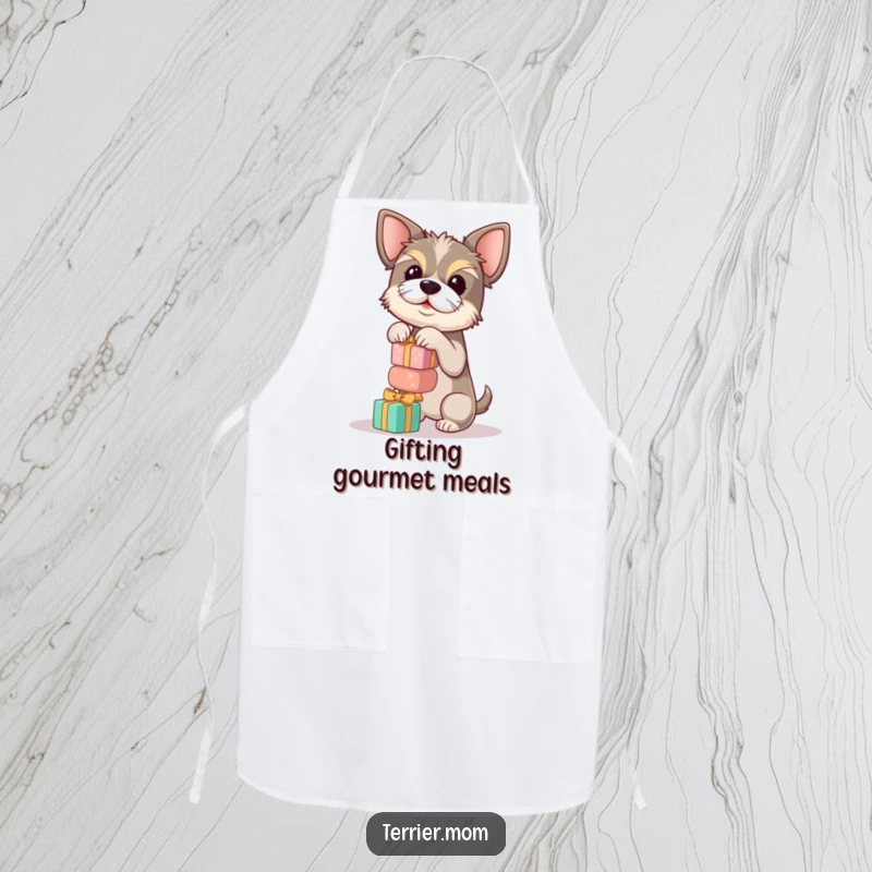Funny terrier apron showing a dog balancing a stack of round gifts, perfect for kitchen tasks with a humorous twist.