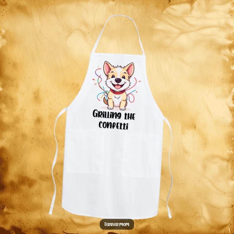Funny kitchen apron depicting a grinning terrier holding colorful streamers, ideal for cooking and hosting parties with a cheerful flair.