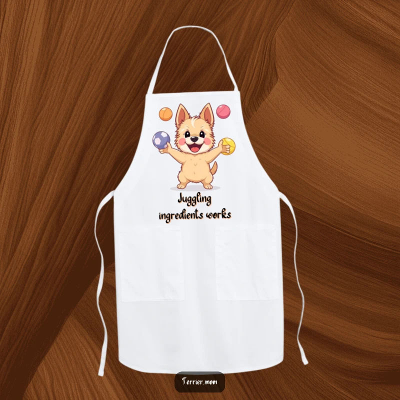Funny Apron showing a happy Terrier dog juggling four bright bouncing balls, adding a playful and humorous element to cooking.