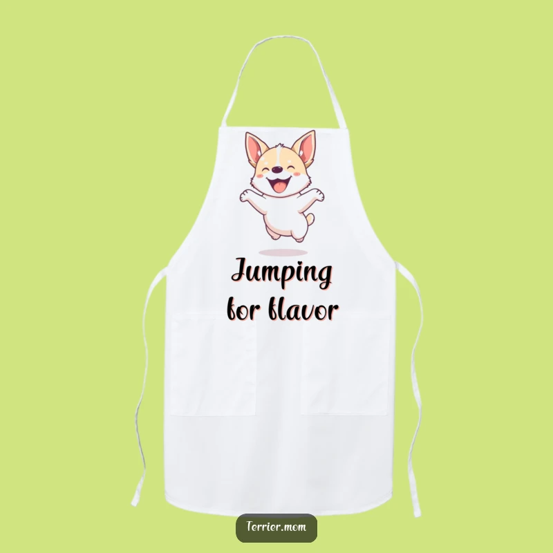 Funny Dog Apron: Small energetic pup jumps joyfully, kitchen humor, unique gift.