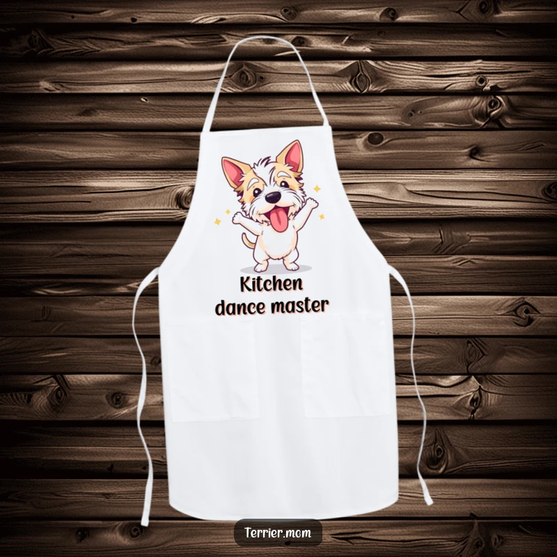 Funny terrier apron showing a dog dancing wildly with its tongue out, perfect for a playful chef.