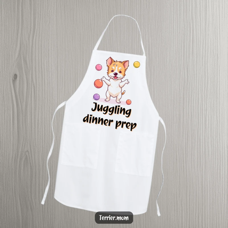 Funny terrier apron showing a dog clumsily juggling bouncy balls, perfect for a cook who enjoys a laugh.