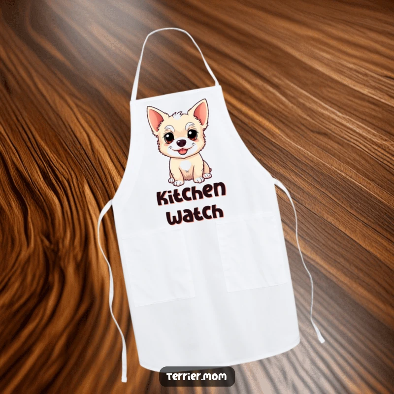 Funny Kawaii Terrier dog apron, practical and cheerful, featuring an alert, happy dog with pointy ears, ideal for kitchen fun.
