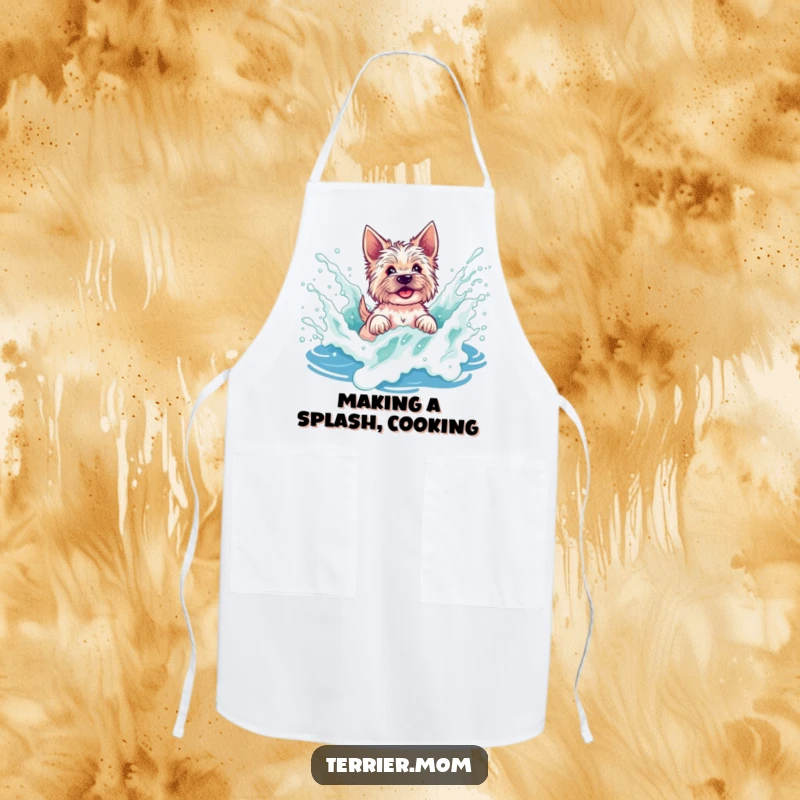 Funny terrier apron showing a dog playfully splashing in a foamy wave, perfect for kitchen adventures with a beachy twist.