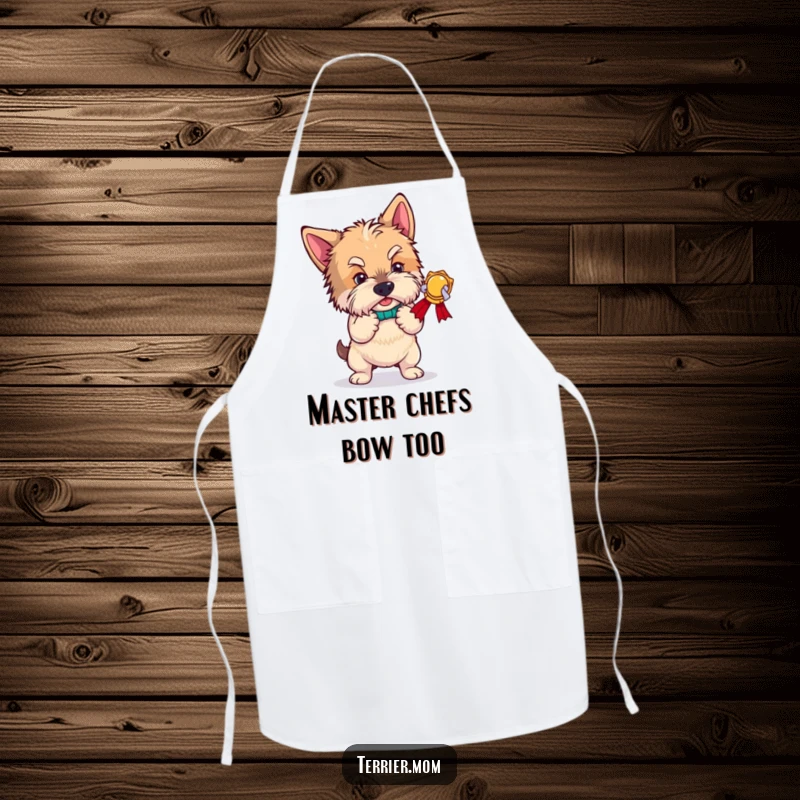 Funny terrier apron, a dog bowing dramatically in a kitchen setting, ready to serve up laughs and delicious meals with humor.