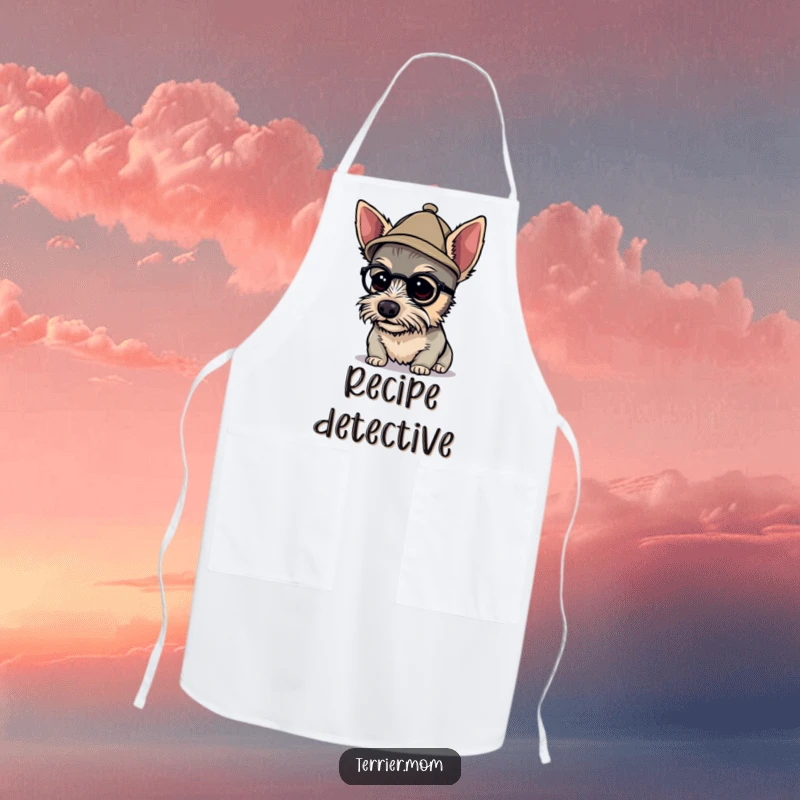 Funny detective terrier apron featuring a dog in a tiny hat, peering closely while cooking, merging kitchen duty with playful investigation.