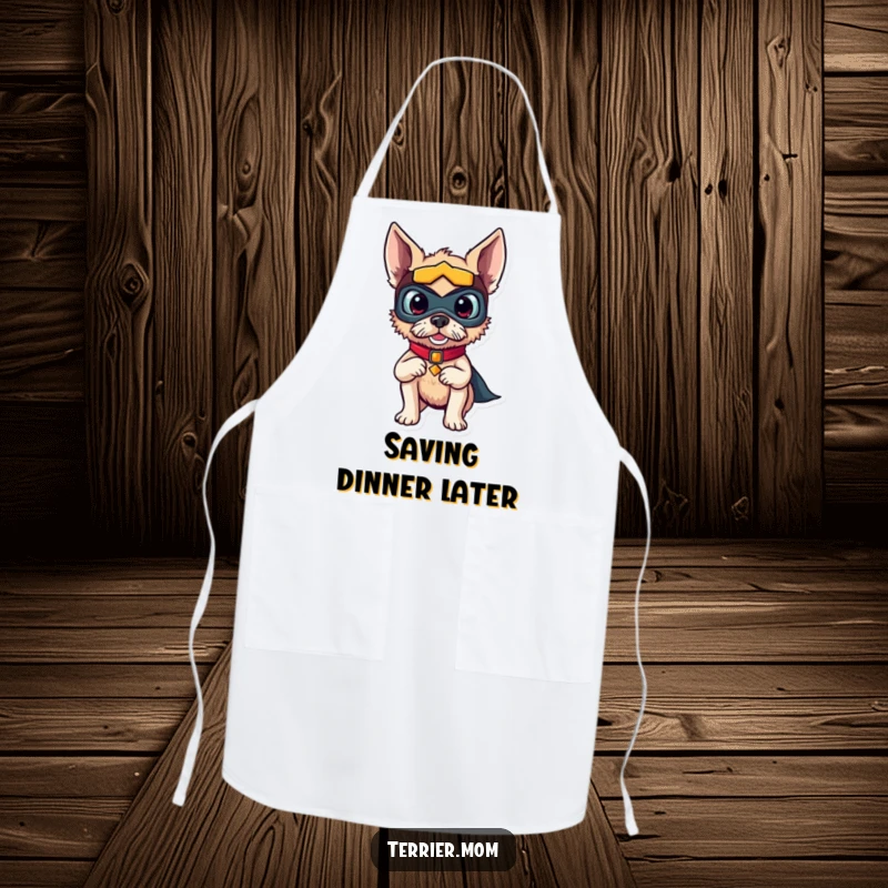 Funny apron featuring a determined terrier dog in a superhero mask, striking a funny pose while ready to cook.