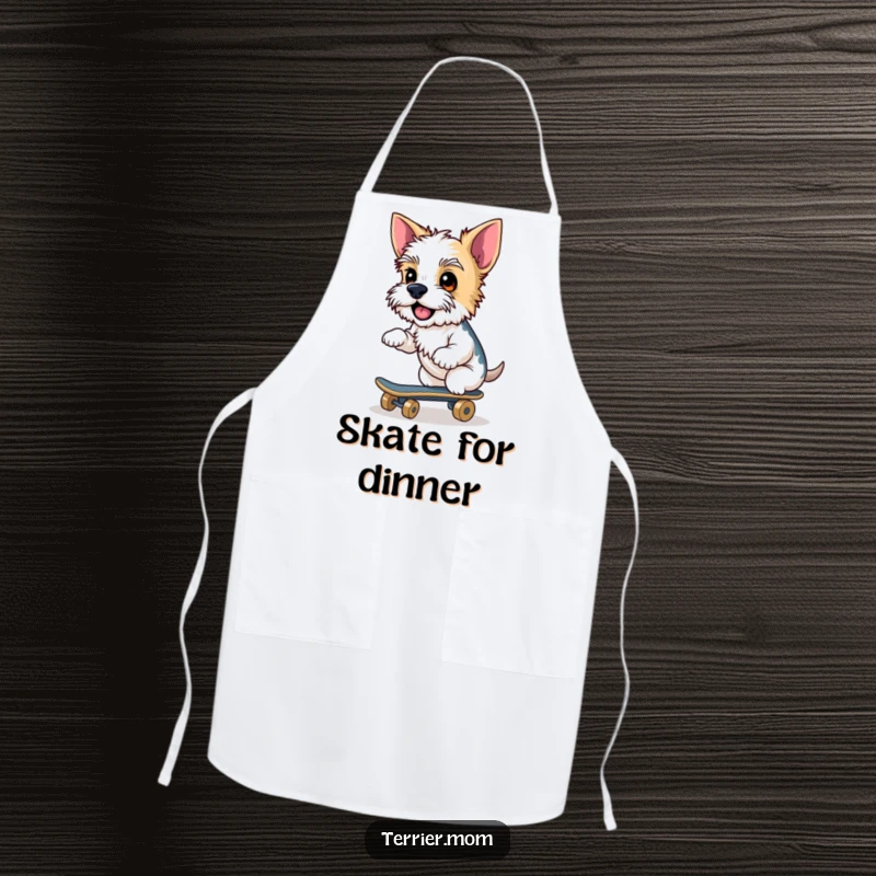 Funny Terrier apron, cheeky dog, riding skateboard, cool pet, humorous kitchen wear, chef accessory, excellent funny gift.