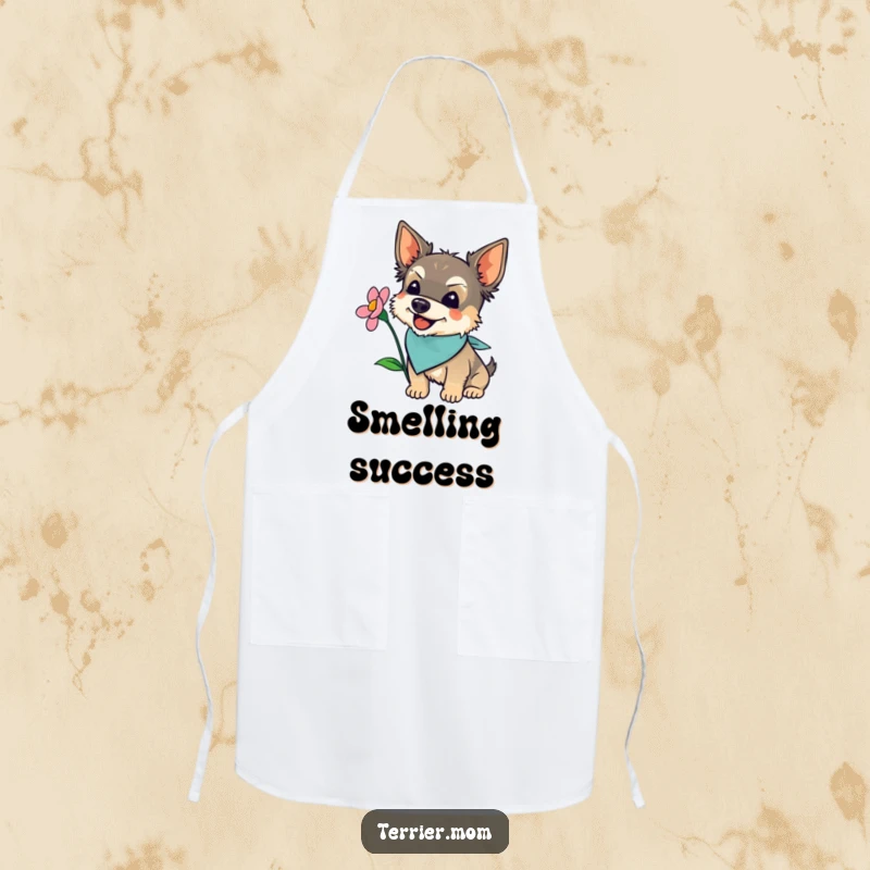 Funny terrier wearing a bandana, joyfully sniffing a flower, on a practical kitchen apron for chefs.