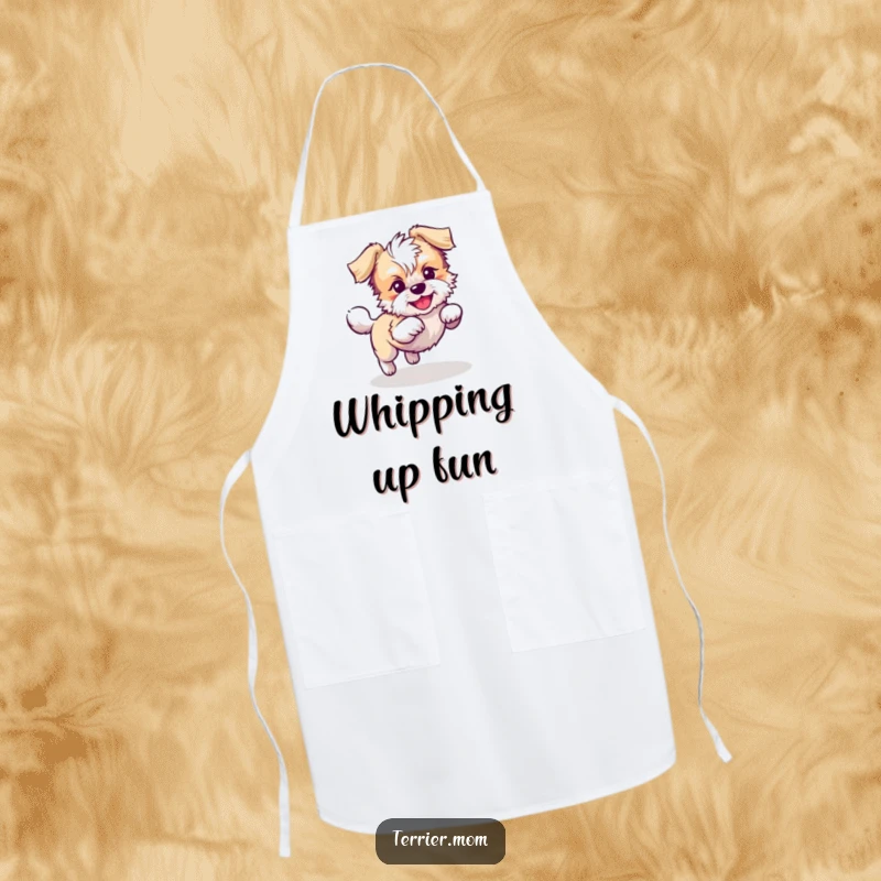 Funny Kawaii Terrier dog apron, practical and amusing, featuring a playful dog chasing its tail in circles, ideal for kitchen fun.