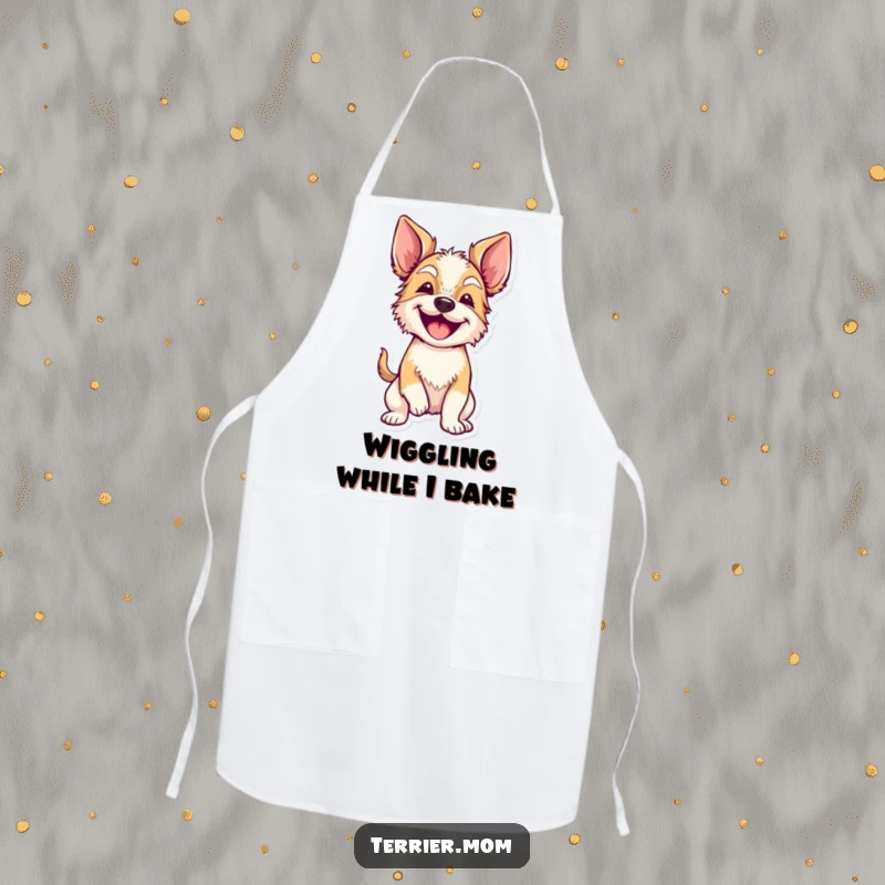 Funny terrier with floppy ears wiggling its whole body on a durable apron, ready for cooking with canine enthusiasm.