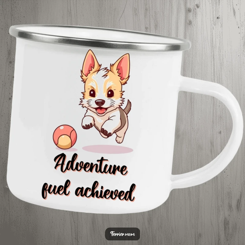 Funny camping mug featuring a kawaii terrier with perky ears excitedly chasing a bouncing ball, ideal for outdoor enthusiasts.