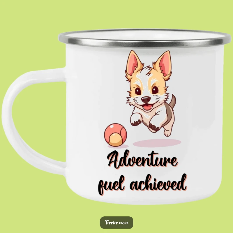 Funny Terrier Camping Mug: Kawaii Dog Chasing Ball, Outdoor Play Gift