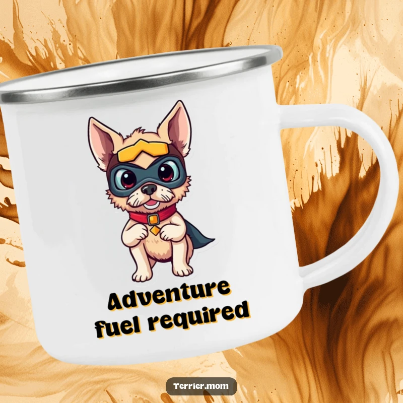 Funny camping mug with a courageous terrier dog in a superhero mask, striking a funny pose, ideal for outdoor adventures.