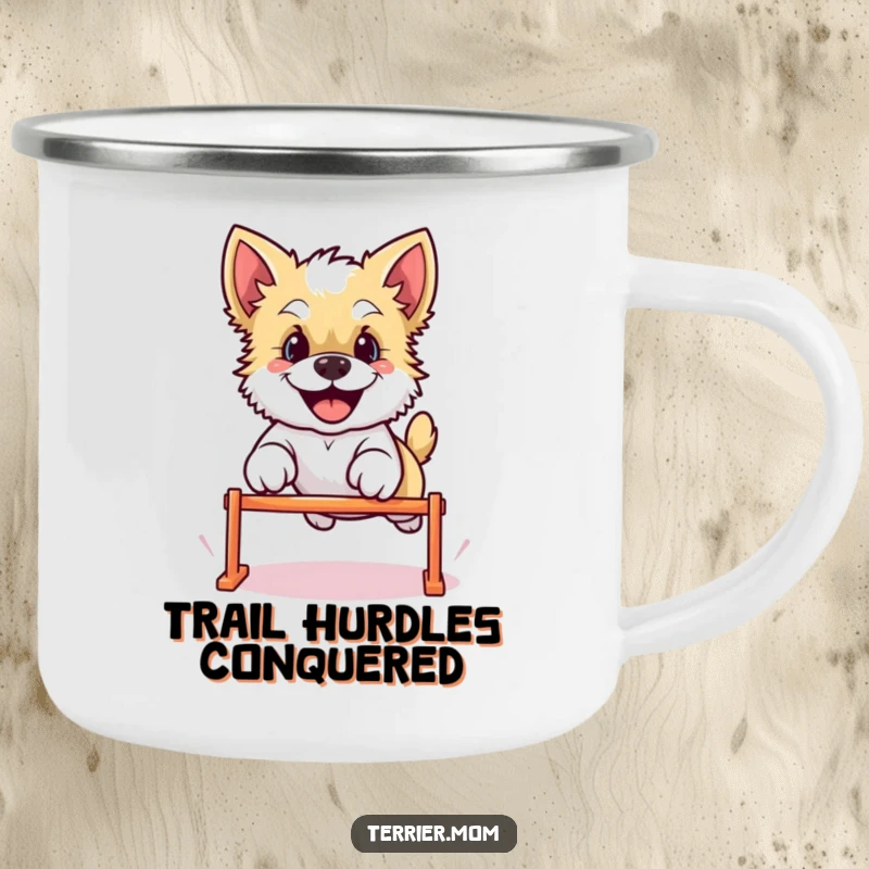 Funny Kawaii Terrier dog camping mug, depicting the cheerful pup leaping over a small obstacle, ready for outdoor fun and hot beverages.