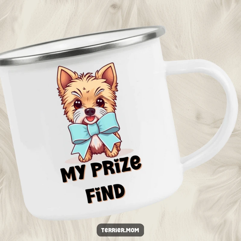 Funny Kawaii Terrier dog camping mug, depicting the happy character with a comically large celebration ribbon, ready for outdoor cheers.